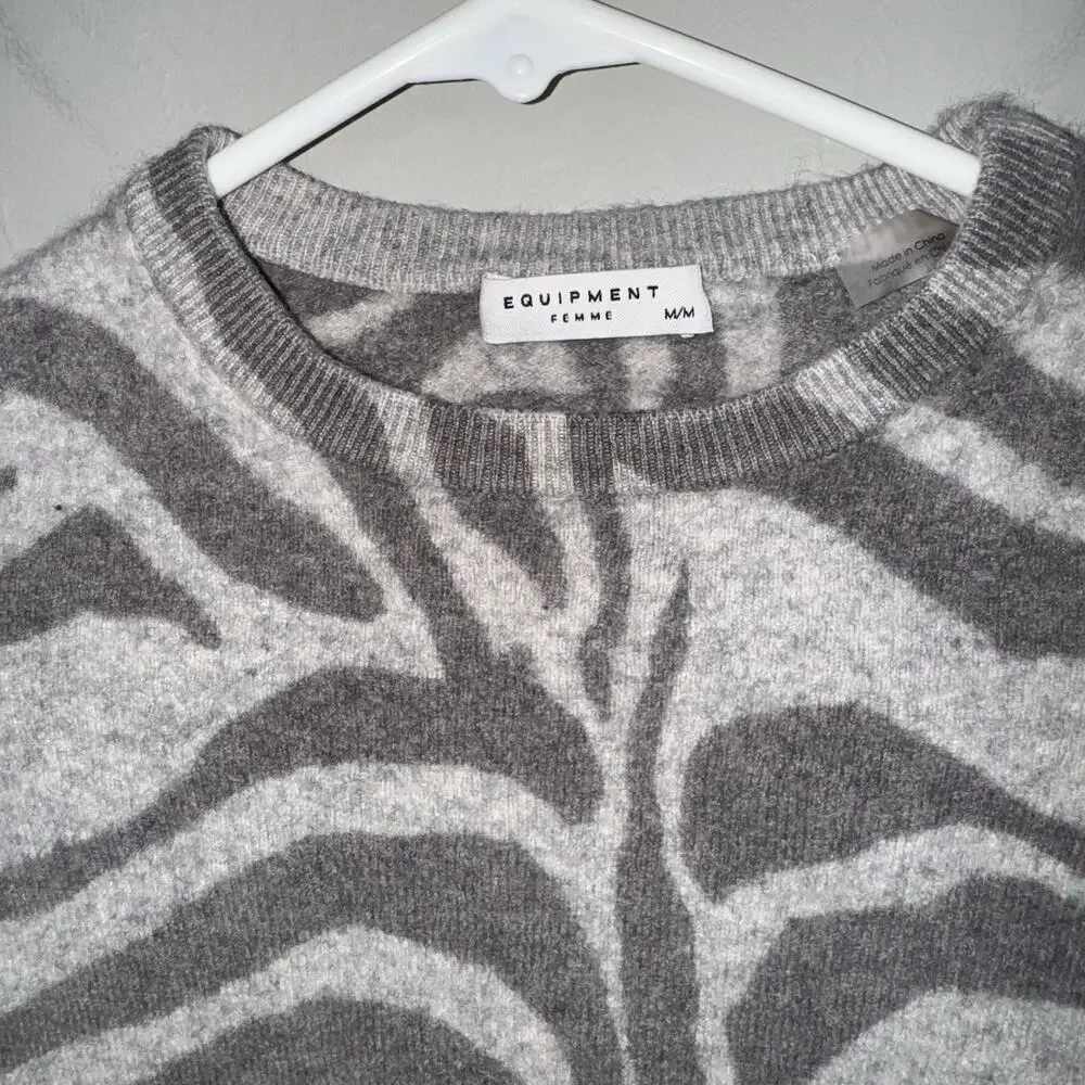 Equipment Femme 100% Cashmere Sweater Zebra Print Gray- SHRUNKEN SEE MEASUREMENT